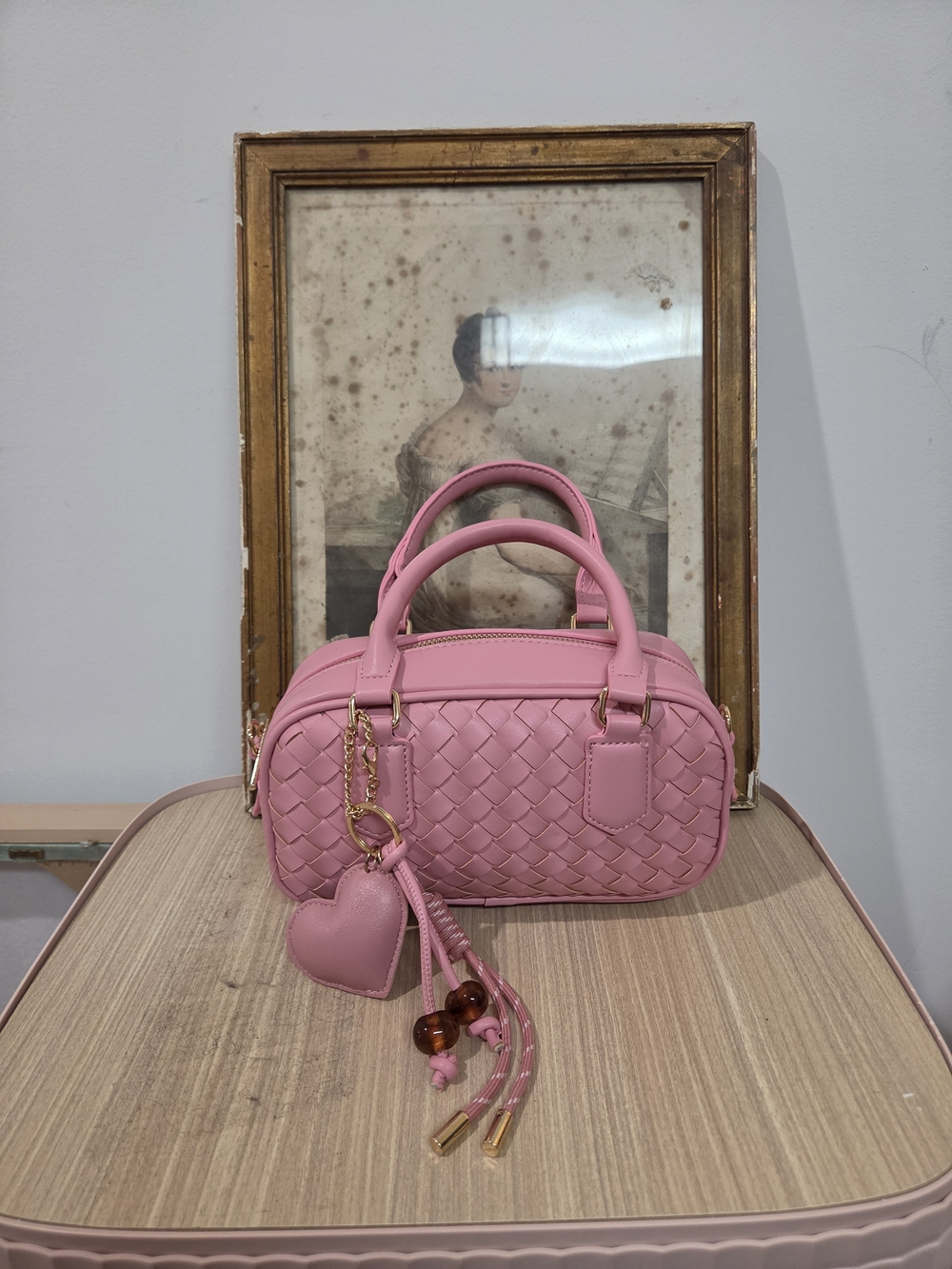 Blush Pink Woven Mini Satchel with Heart Charm